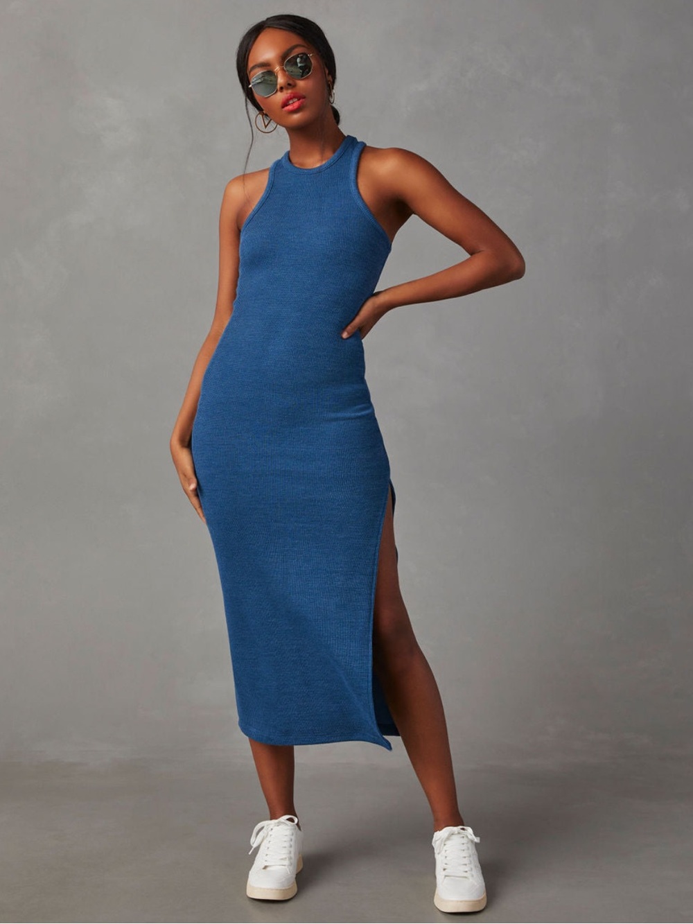 VICI Sleeveless Rib Knit Midi Dress in Blue - Picture 4 of 5